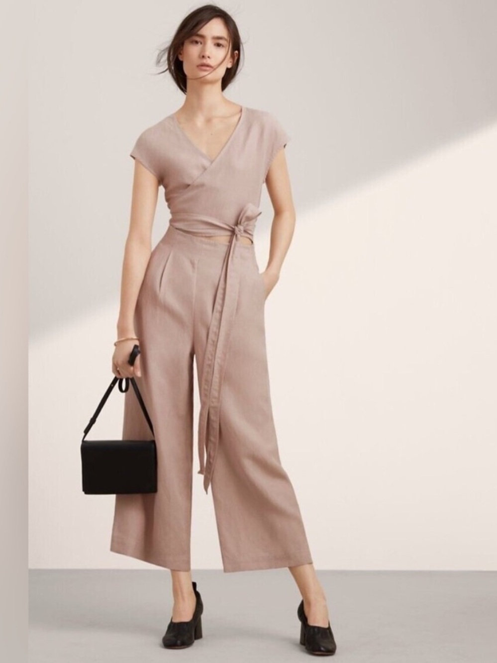 NWT Wilfred Brax Linen Blend Jumpsuit Romper Cutout Wrap Style Tie Up Front